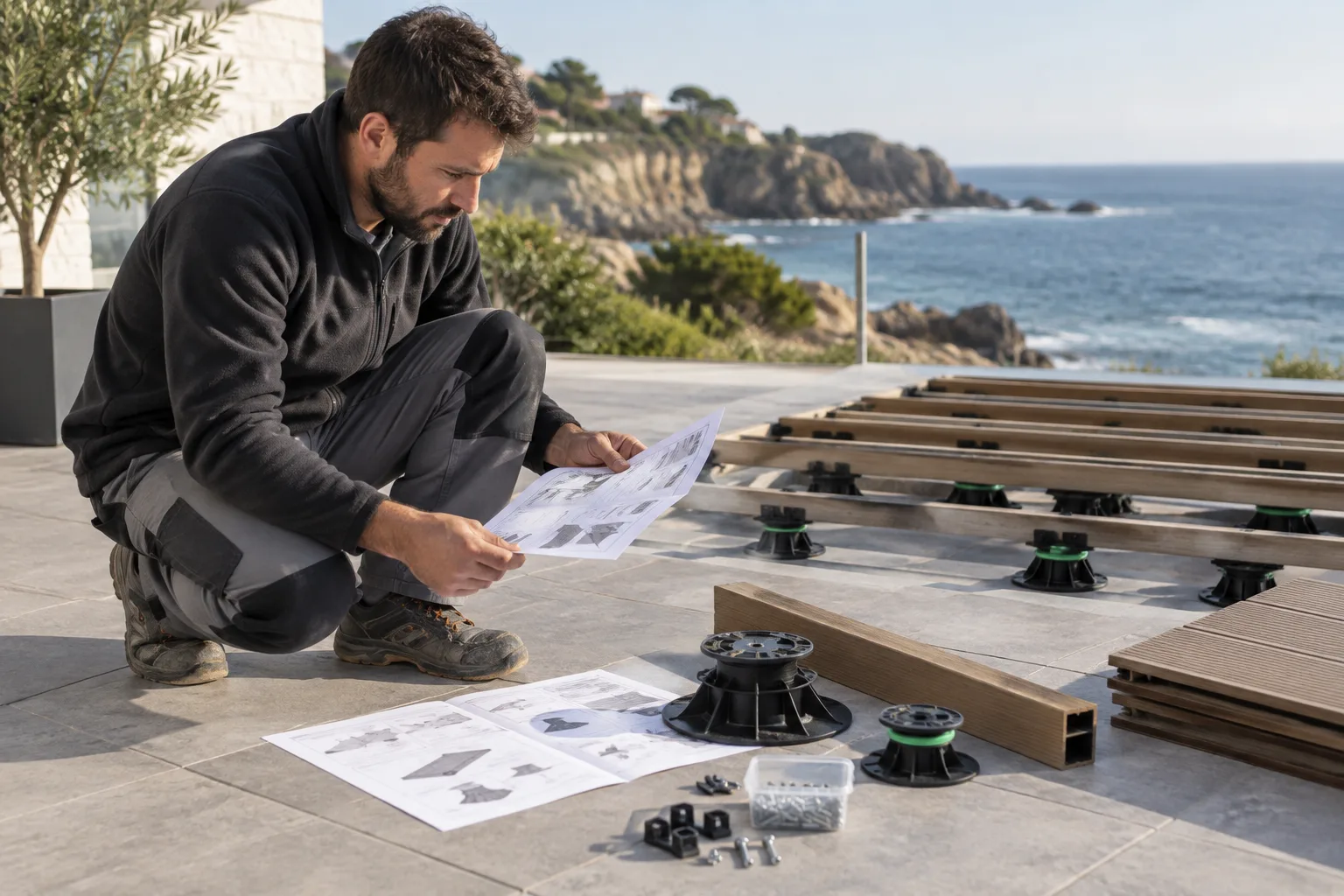 Documents techniques et échantillons de plots et de fixations réunis avant la pose d’une terrasse.