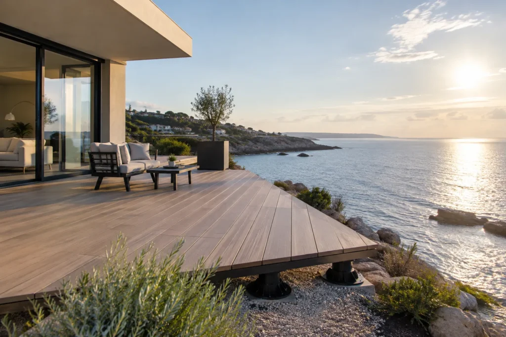 Terrasse en lames sur plots face à un paysage côtier, avec la mer visible au-delà de la rive.