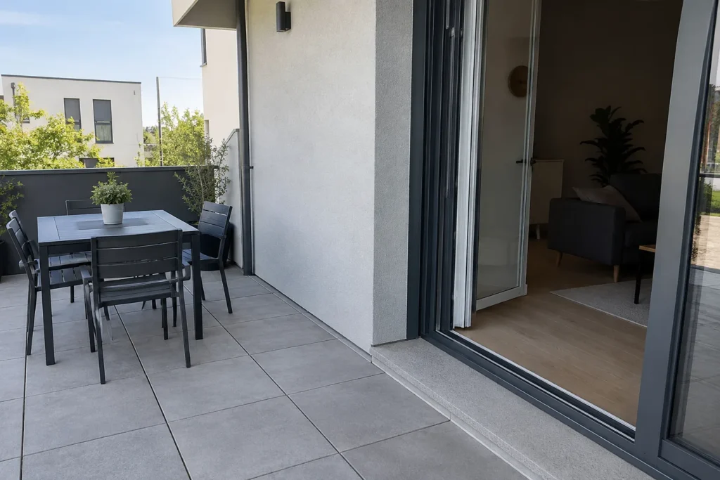 Dalles de terrasse posées sur des plots réglables devant le seuil d’un logement.