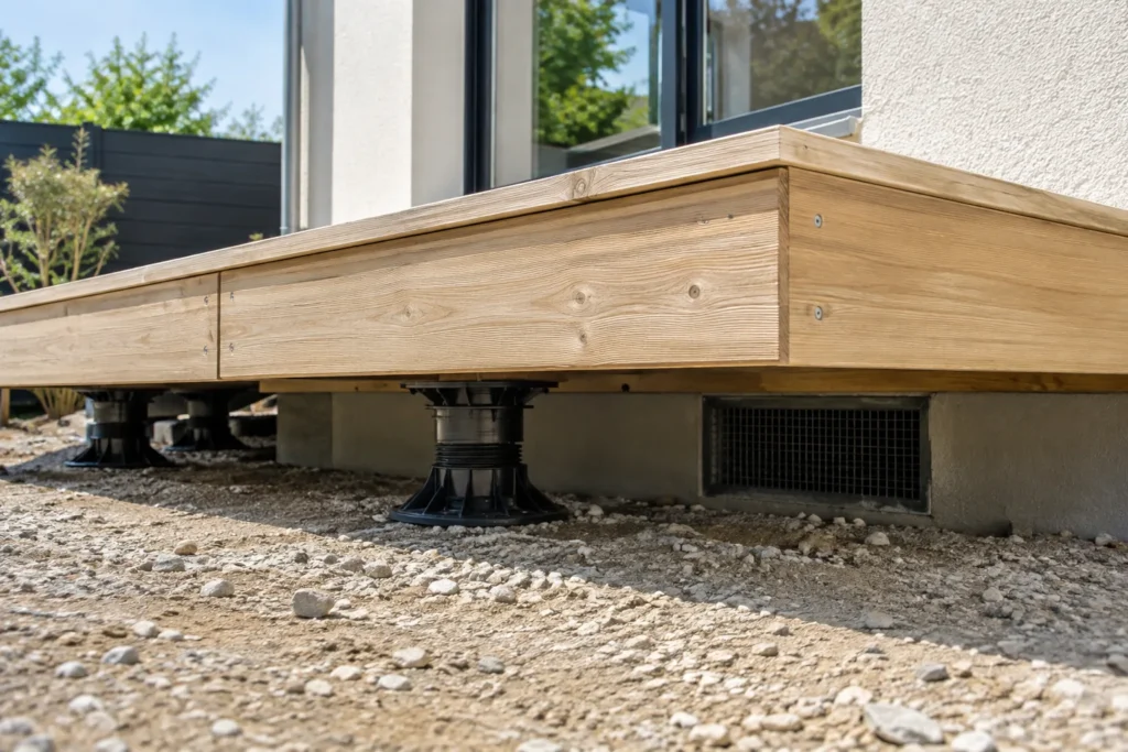 Grille de ventilation d’un vide sanitaire laissée dégagée sous la rive d’une terrasse en bois sur plots.