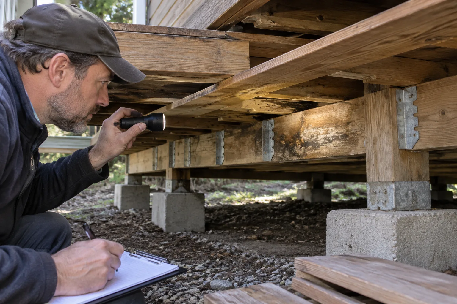 Une personne inspecte les solives et les assemblages visibles sous un platelage démonté.