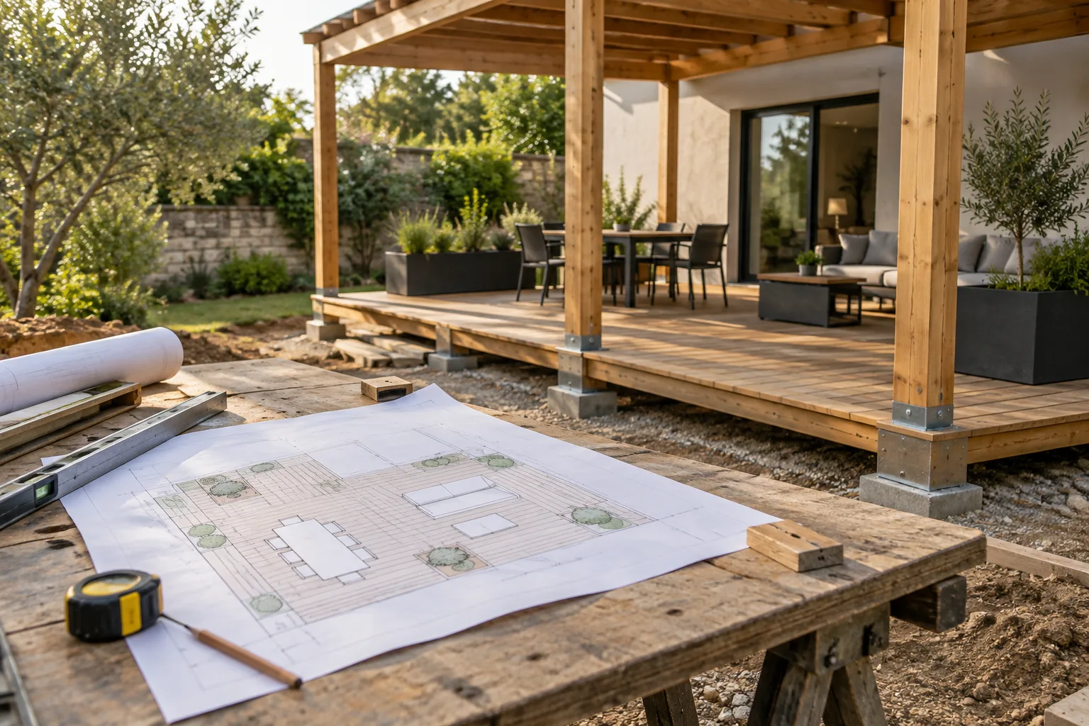 Un plan d’aménagement repère les zones prévues pour le mobilier et les jardinières au-dessus d’une ossature bois.