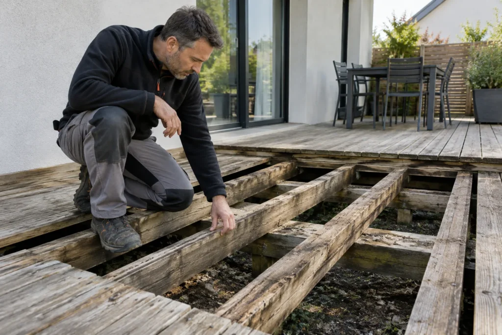 Lames d’une terrasse déposées pour révéler les lambourdes et solives de la structure bois.